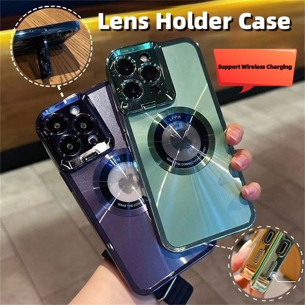 Electroplated Phone Case Luxury Plating CD Pattern Magsafe Bracket Case For IPhone Invisible Camera Stand Holder Lens Holder Magnetic Suction